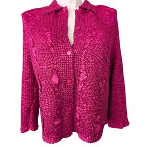 Satin Textured Button Up Popcorn Top Women XL Pink Stretch Statement Art to Wear
